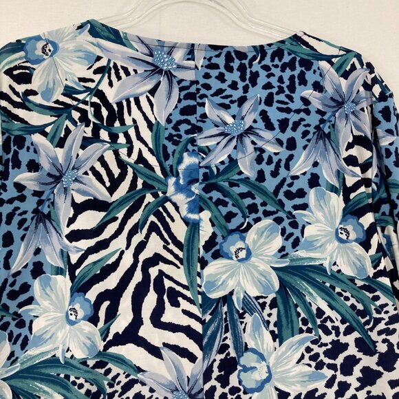 Ava & Grace size XL Blue Floral Animal Print Pintuck Stretch Knit 3/4 Sleeve Top - Picture 7 of 8